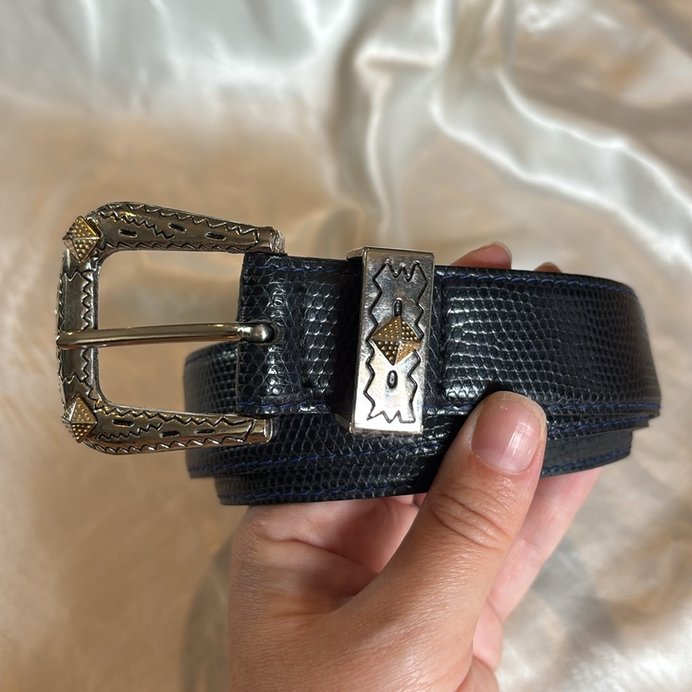 Western Navy Leather Belt with Silver Buckle
